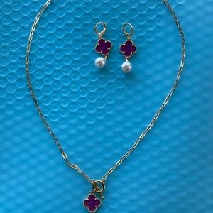 Gold and Purple Clover Necklace and Earring Set